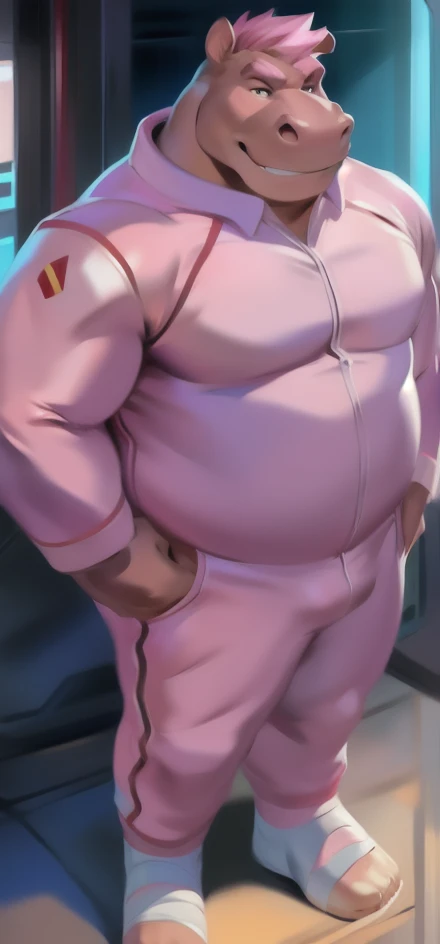 Solo, male, Stand upright, ice pink, hippo, Pink military spacesuit , overweight, muscular,Wear a bandage, strict, by chunie, eyes pink,Pink hair short 