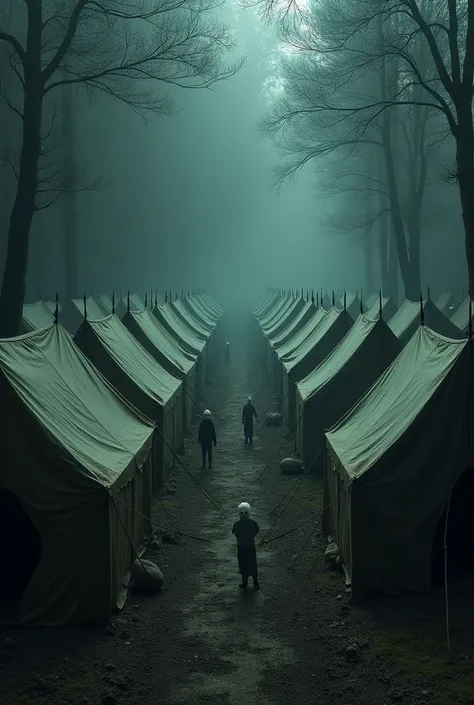 Generate a picture of an eerie, scary and haunted tents in the middle of the forest, dozens of them, arranged in perfect rows like a macabre campsite. Add a picture of ghosts standing beside the tents. Their skin was pale and waxy, their eyes wide open and...