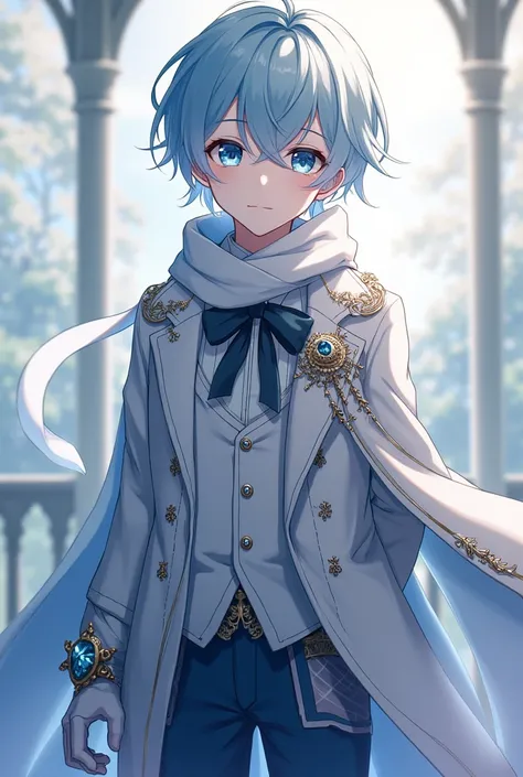 A quiet anime young man in high school with sharp pink eyes represents short light blue hair , Fair skin and wearing all the heavenly blue and white fantasy clothes are the luxury of Idol, which consists of a long, cool sky blue jacket with a long sleeve o...