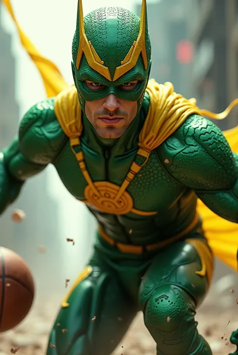 a ball crashing into a green and yellow superhero costume