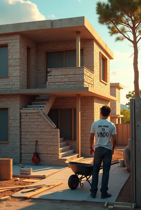 Man with very short Elvis Presley hair and sweatshirt clothes , with a white t-shirt written "Jesus tá vindo!" and below "Vicente Sampaio" and the design of a minimalist guitar . The man is working on the construction of a two-story brickwork house. House ...