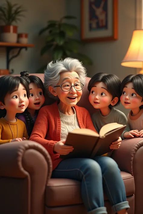 Create an ultra-realistic image of a grandmother reunited with her ren and grandren telling stories 