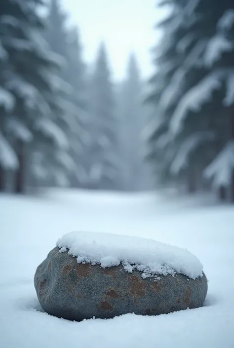  A smooth, flat rock in the foreground with a surface suitable for placing an object. In the background,  a gently blurred snowy forest with tall, snow-covered trees .  The composition emphasizes the texture of the rock and the serene winter landscape , wi...