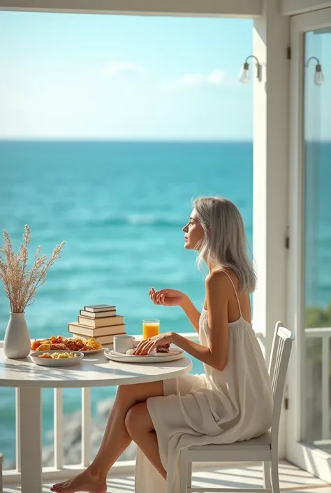  Create the image of a woman in her 30s who looks young and modern with medium long silver hair, slim,  dressed in a cream-colored linen dress , barefoot,  having breakfast on the porch of their beach house overlooking the sea ,  with a sign that says  " B...