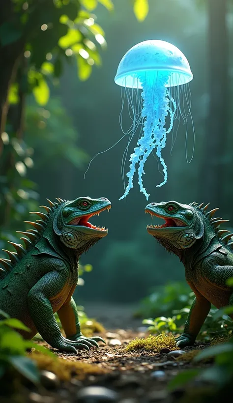 Create a dramatic scene where an iguana and a jellyfish are placed face to face, both exuding anger and intensity. The iguana stands on the ground, its green scaly body tense, eyes narrowed, with spiny ridges along its back standing upright. Its tail is ra...