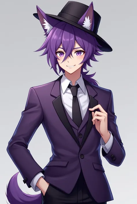  has wolf ears, the hair color and eyes are purple .The costume is a purple suit .Black long pants.The race is human. . wears a black hat and has a friendly personality.The gender is male and the age is 21 years old!By the way, hes handsome 