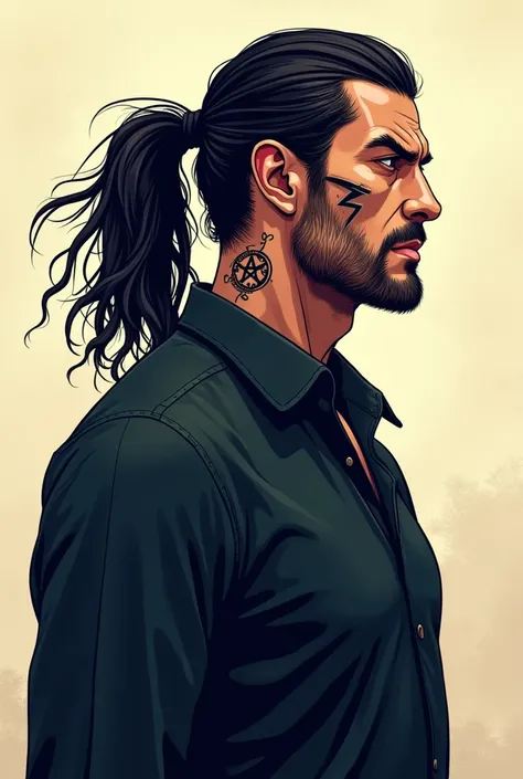 create a cartoon of a villain one in profile ,  another in the front and the other at a three-quarter angle in a single image Description : man
Approximate age: 38 years old
Body : 
Hair : negro, long,  tied back
Facial features :
 Diagonal scar on the lef...