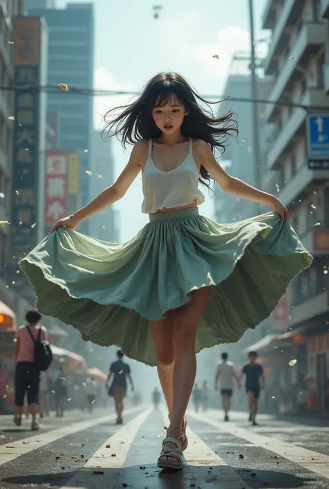 young woman upskirt flying away because of typhoon at the street