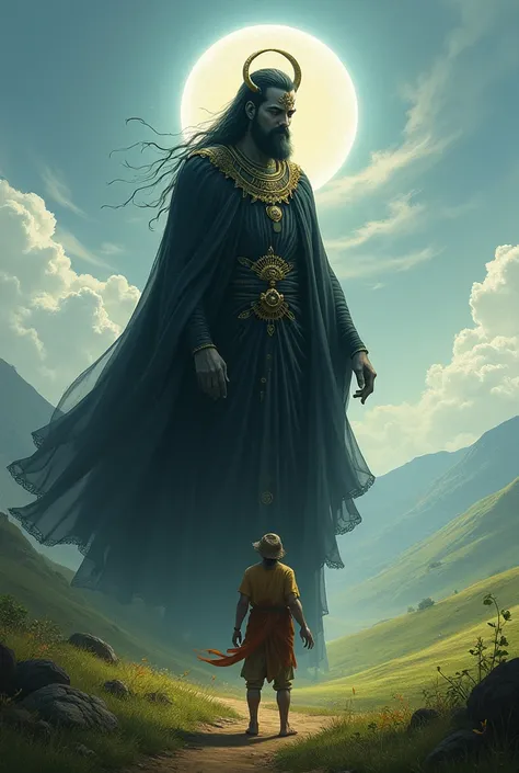 2. Shani Dev appearing before the farmer: A divine figure of Shani Dev, clad in black with a glowing aura, standing in front of the amazed farmer in a serene environment.
