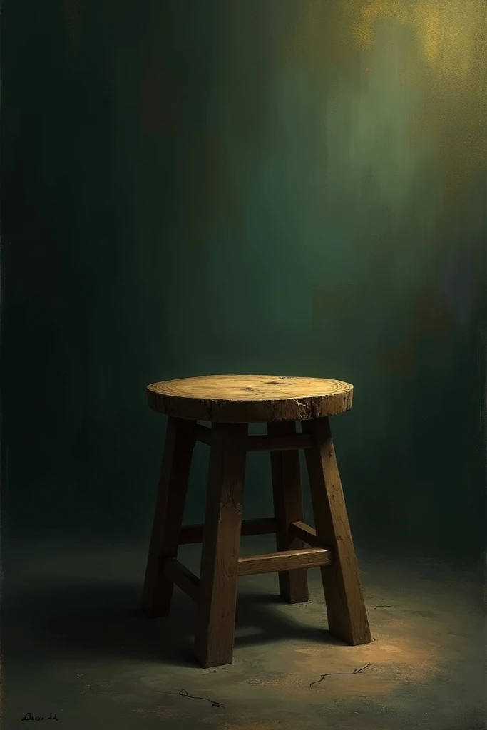 A wood stool in a dark ambience with a green and yellow back ground. There is written at the top " Mémoires dun héros "