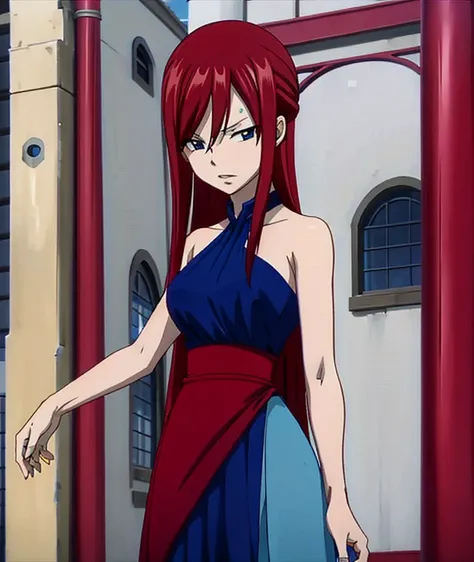 erza, Beautiful blue-eyed woman wearing a long red dress 