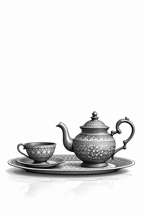 Tasse de thé avec théière marocain sur un plateau en noir et blanc dessin