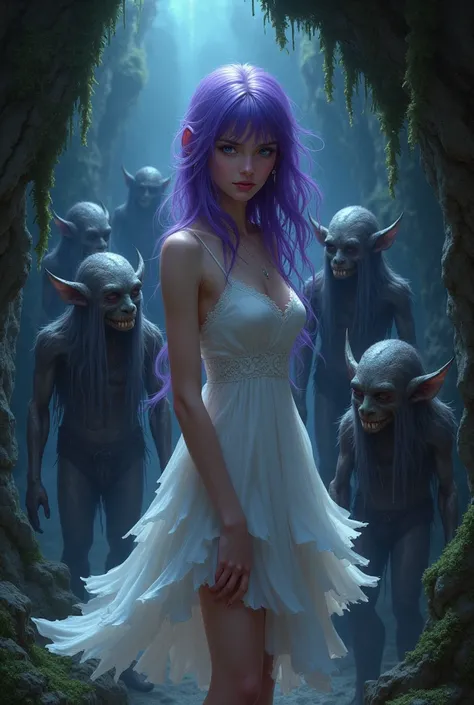  Beautiful girl .  purple hair.  Dancers torn dress. Captured in an underground cave .  Captured by mutant goblins 