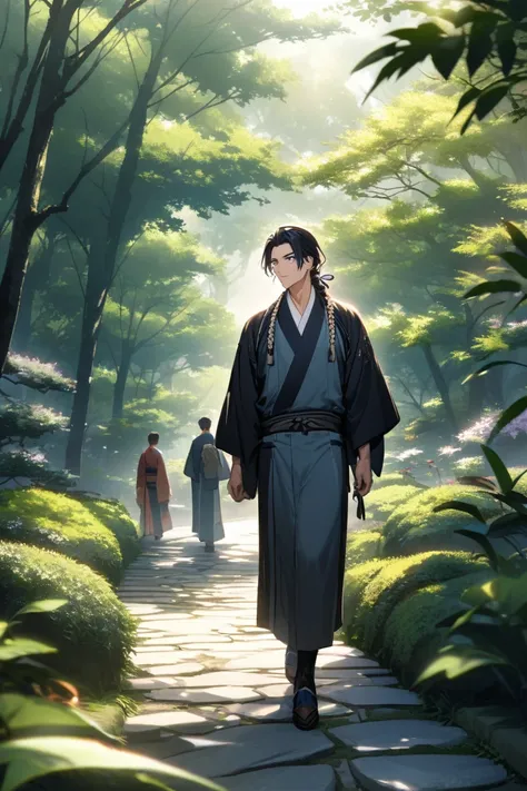 A japanese man whos beautiful and elegant.  He has black hair thats tied into a pretty braid on his shoulder, and has vibrant blue eyes.  Hes wearing a gorgeous kimono, walking down a stone path in a zen garden, with trees surrounding the garden, and the s...