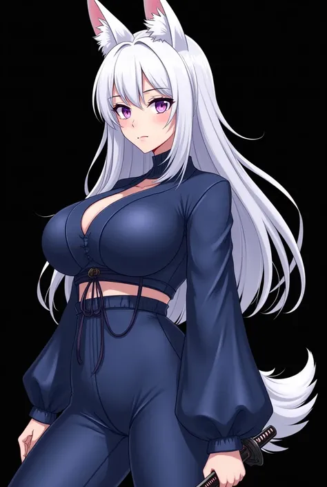 sexy mature anime woman, masterpiece, best quality, big breasts, ((no jewelry)), ((no collar)), perfect hair, fox tail, long white hair, street clothes, white fox ears, limited color, thighs, purple eyes, seductive, minimal color ((bright purple eyes)), bl...