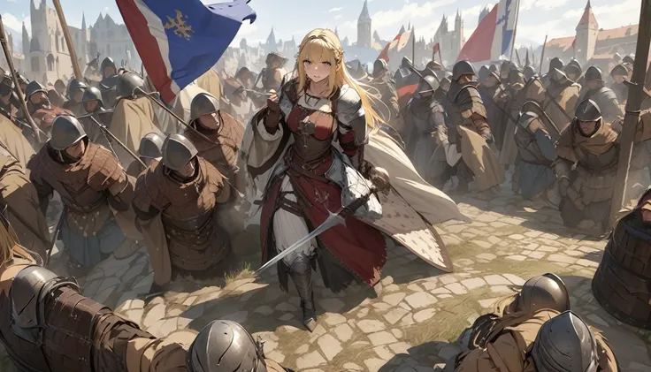  Medieval Europe ,  Detailed , 4K, masterpiece、Woman in armor、Holding a French flag、 long blonde hair 、A woman who loudly inspires soldiers