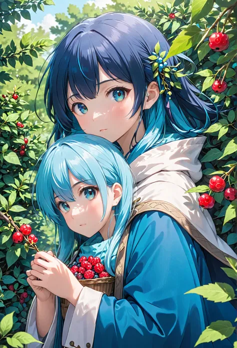 Blue haired anime girl, anime girl with teal hair, half body portrait, wearing a cloak, bushes, picking up berries, anime moe artstyle, moe