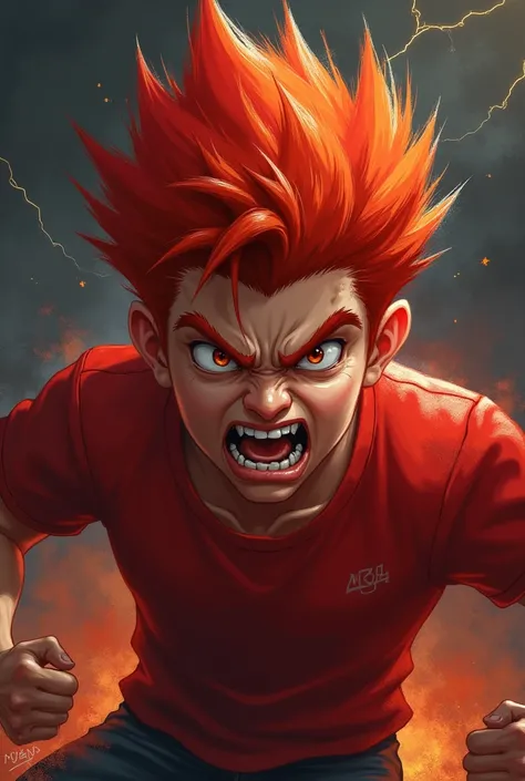 A teen boy with red spiky hair and red shirt and make him mad