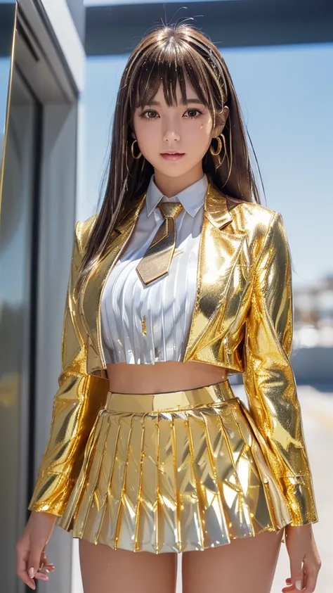 masterpiece,   best quality,   super beautiful young Japanese woman   ,(8 head and body),student,(smile),   COWBOY SHOOTING ,Daytime,(golden futuristic building background  :1.5), 
(   super shiny metallic color gold blazer   :1.5),
(   super shiny metalli...