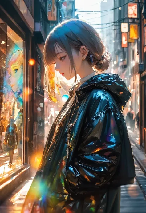 (masterpiece, best quality),(double exposure effect), Oil paintings, scribbles,(cool girl, street snap,fashionable, street fashion),,lens flare,magnificent view,