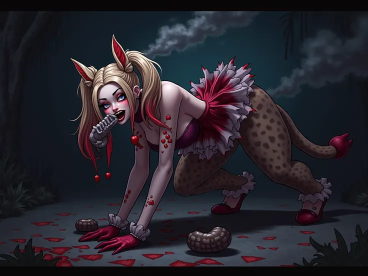 Beautiful Alluring Gothic Clown Harley Quinn on all fours transforming into a hyena, Fantasy Theme, Bare Skin, Outside Of A Haunted Train Ride, Gothic Clown Makeup, Frilly Outfit, pigtails hairstyle, Barely Clothed, Beautiful D&D Character Portrait, Ominou...