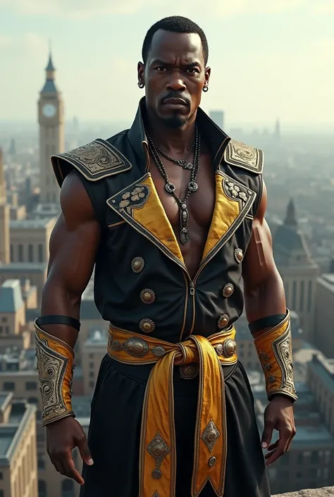  I want you to create P . Diddy With Mortal Kombat clothes on top of a building in London ,  he has a costume similar to  "Jack Stripper ".  dont put anything on his head I want his face to be very similar to his real one, A realistic photo 4k 