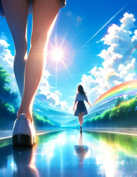 two girls, Casual clothing, sun after the rain, Only one rainbow appears in the sky, In places Wet road surface, Blue sky. (Walking In Rhythm), Street Lady, sister love, Love Is Love. (Sunshine:1.1), (Lens Ghosting:1.1, lens flare:1.1), ((Natural backlight...