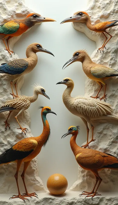 The screen shows fossils and modern birds in parallel frames