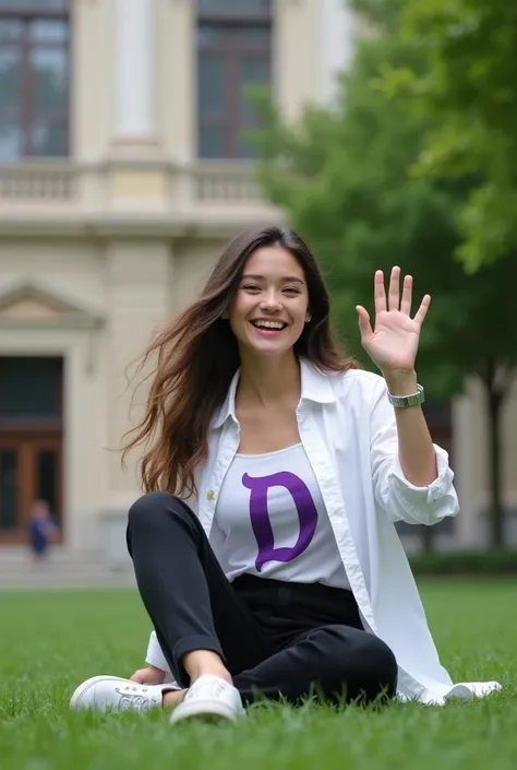  A young woman with long hair , wearing a white shirt and a white tank top the text "D",  embossed letters of purple color is sitting on the green grass while using a laptop.  She smiles broadly and raises one hand as if she is waving or waving Interact vi...