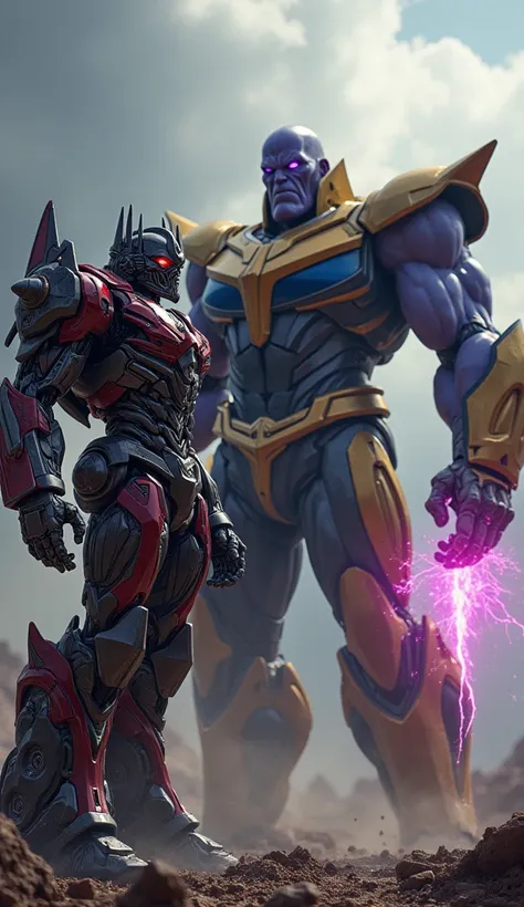 Megatron Vs Thanos, about to confront each other, in their best-known versions