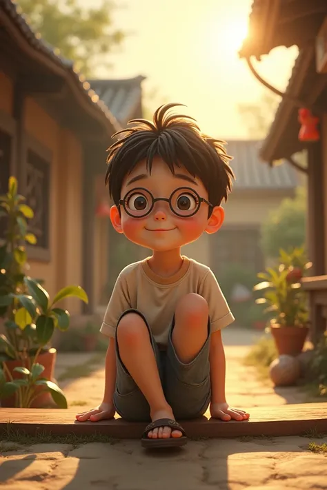 A young boy wearing a glasses is sitting on a bench in a village and sun is sitting