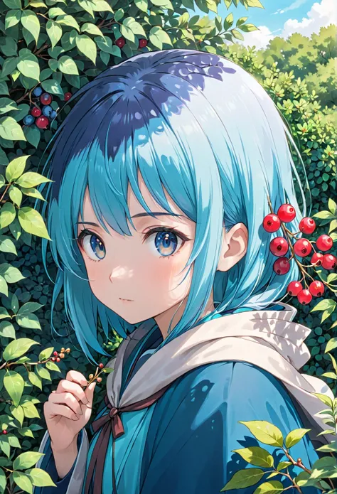 Blue haired anime girl, anime girl with teal hair, half body portrait, wearing a cloak, bushes, picking up berries, anime moe artstyle, moe 