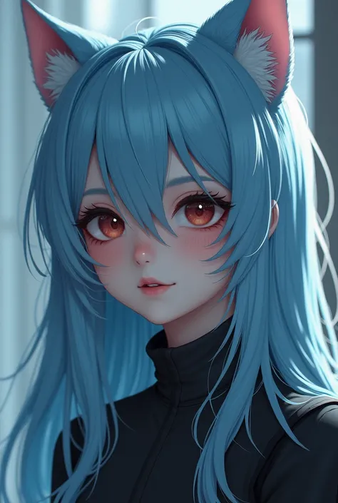 Teenage girl, no ears, light blue wolf cut hair, blush, very long hair, smile, black eyes