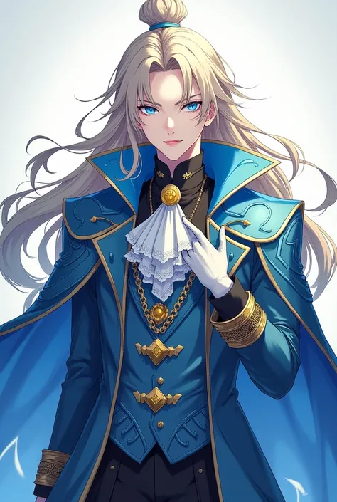 A quiet anime young man with sharp blue eyes represents long yellow hair linked to the top   , with fair skin and wearing all the luxurious cold blue fantasy clothes. Idol consists of a long closed jelly, which has a short cold blue color with a long sleev...