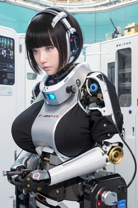 masterpiece, best quality, extremely detailed, portrait,japaese android girl,plump,a bit chubby,control panels,android,droid,mec...