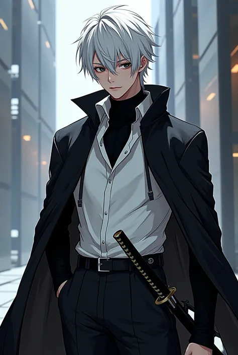  I want a character from Manhwa l , he has white hair, omhos pretos,  wears a black cover ,  his shirt is white with black details, Your pants are black, He has a katana around his waist ,  has a scar on his left eye , Is he in the modern futuristic world.