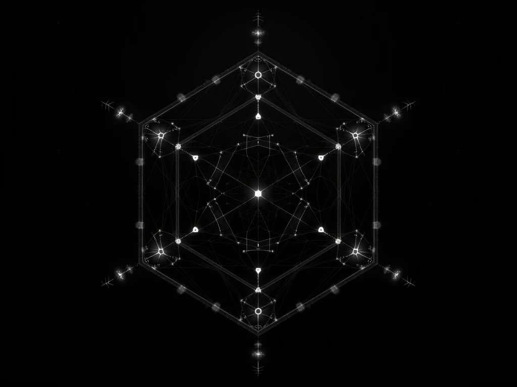 Hexagonal network structure, intricate constellation patterns, black background, geometric honeycomb design, abstract technological concept, white luminous lines, interconnected nodes, futuristic neural network, starry hexagons, minimalist sci-fi aesthetic...