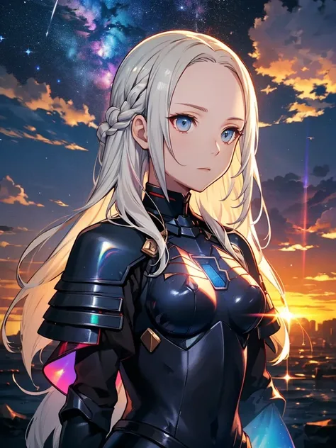  Edelgard in black armor、nullっぽの街, cloudの上の町、null, Alone, Outdoor,  Building, cloud, milky way,sunset、  silhouette, Rainbow Brilliant Light 、(( Holographic )),