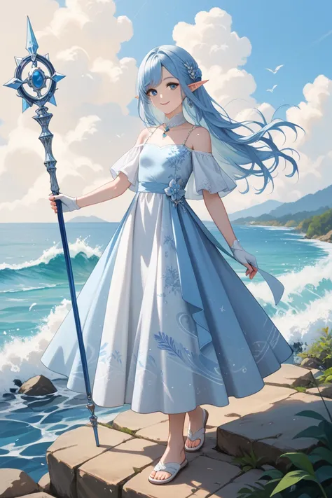 elf water mage standing near lake, solo female, elegant woman, small breasts, pale skin, blue hair, long hair, bangs, blue eyes, tall height, peaceful smile, icy blue medallion, blue cloak, white dress with ocean wave print, elegant dress, off-shoulder dre...