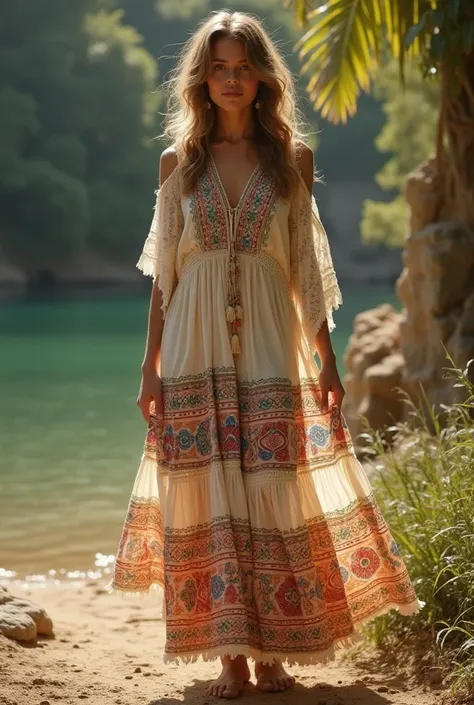 Bohemian Dress Flowy and relaxed dresses inspired by the bohemian lifestyle, often made of natural fabrics like cotton or linen. They featured ethnic prints, crochet details, and fringe accents, embodying the counterculture movement of the 1970s. , solo,