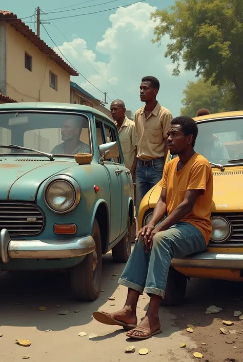 People sit tight with the expense bill and have old cars parked next to them.

