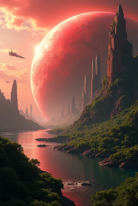 A planet 20 times the size of earth, filled with water and green plants, red in colour where a type 2 civilization inhabitants live there are space docks orbiting the planet, there are defense systems in place
