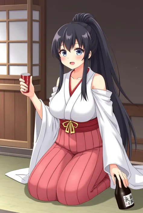  adult woman，shrine maiden，hakama， black hair， very long hair，Ponytail，Big Breasts，large Breasts，Shoulders exposed，脚を開いている，The background is a shrine，sitting， she has a sake bottle in his right hand，He has a cup in his left hand ，Blushing， open your mouth,...