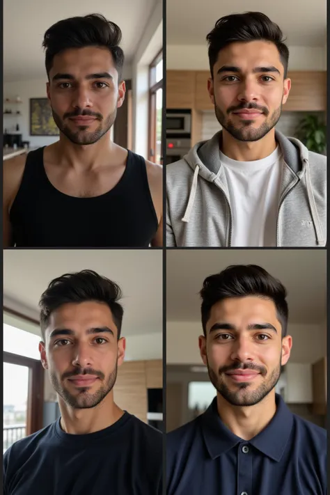 (amateur 1.2), amateur camera selfie of the same 21-year-old caucasian male, short black hair, low exposure, low lighting, unprofessional natural lighting, realistic lighting, dark light, low light, clear black eyes with hyperrealistic detail, hyper realis...