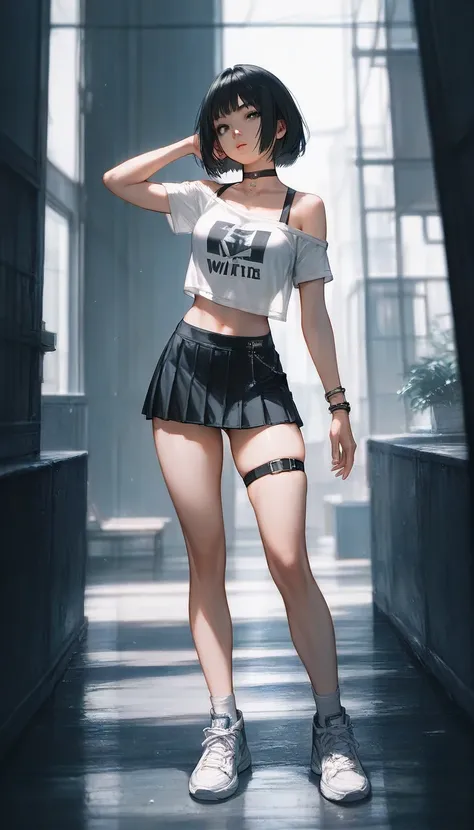 (close up), standing, full body, ((thighs)), score_9, score_8_up, score_7_up, (solo), 1girl, bob hair, choker, black hair, t-shirt, ((hands)), ((bare shoulders)), fingers, ((high waisted skirt)), medium breast, socks, big sneakers, (((pose))), (panties), t...