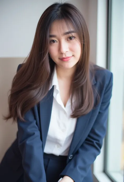 Thai woman, big breasts:1.4, White Bra, short skirt, Long legs， small slender face ， sexy women ，Beauty in a suit ， professional woman ， office window ，Double eyelids， detailed face，Long hair,(Very high quality，8k) blurred background 