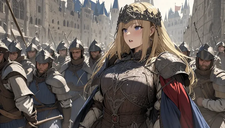  Medieval Europe ,  Detailed , 4K, masterpiece、Woman in armor、Holding a French flag、 long blonde hair 、A woman who loudly inspires soldiers