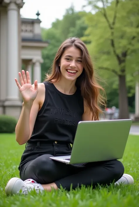  A young woman with long hair , wearing a small text black tank top"D",  black embossed letters sitting on green grass while using laptop.  She smiles broadly and raises one hand as if she is waving or waving Interact virtually. Her shoes are white ,  and ...