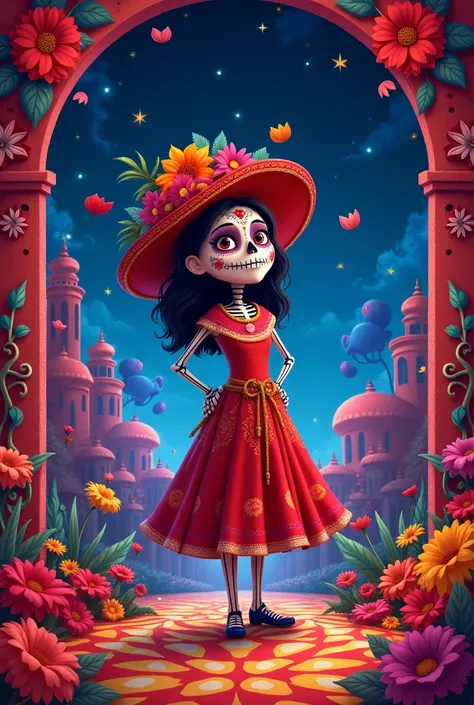 Can you create a 9*16 background poster the theme is Dia de los muertos kinda like the movie coco I also want a main character too make it feel festive in red theme