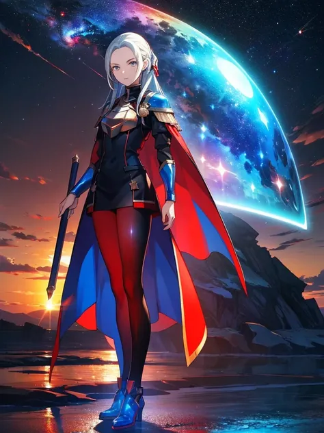 Full body painting、Blue and red contrast、 Edelgard in black armor、nullっぽの街, cloudの上の町、null, Alone, Outdoor,  Building, cloud, milky way,sunset、  silhouette, Rainbow Brilliant Light 、(( Holographic )),